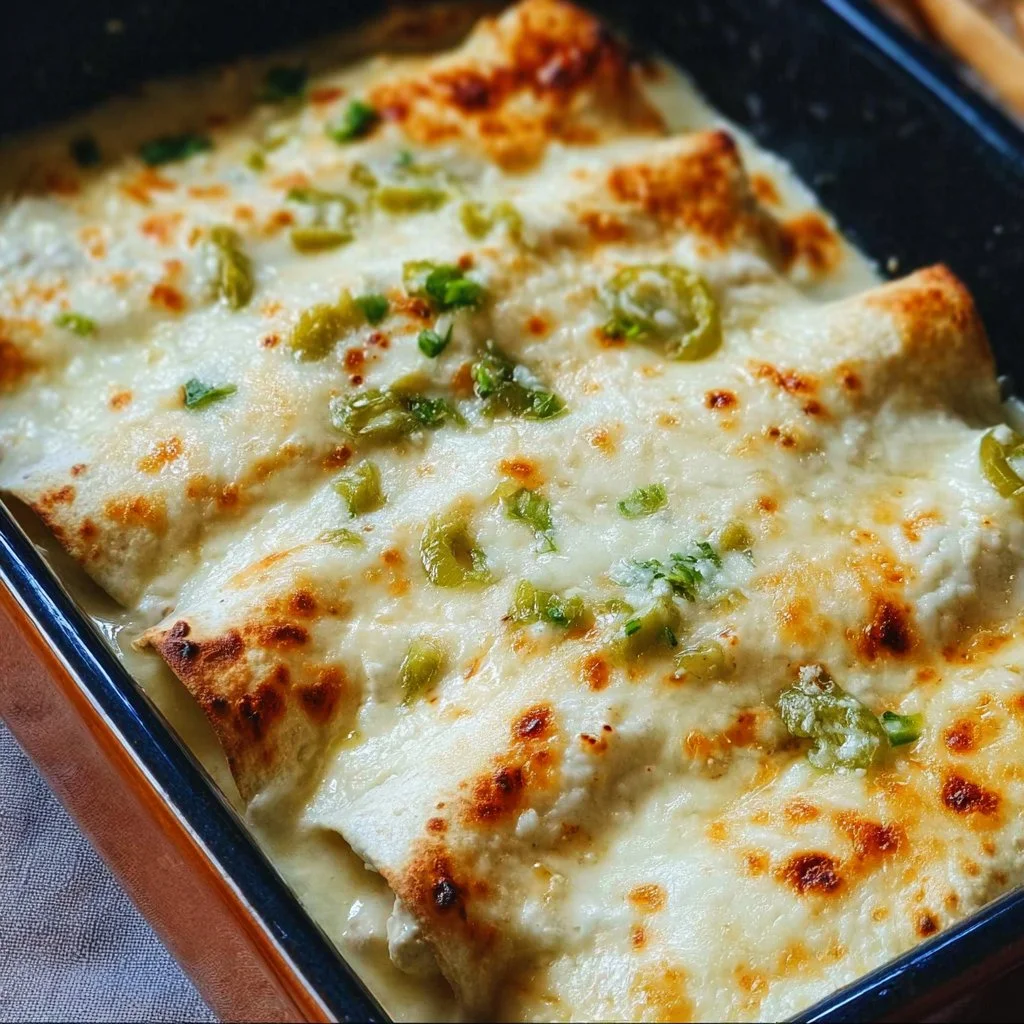 Creamy white chicken enchiladas topped with cheese and salsa