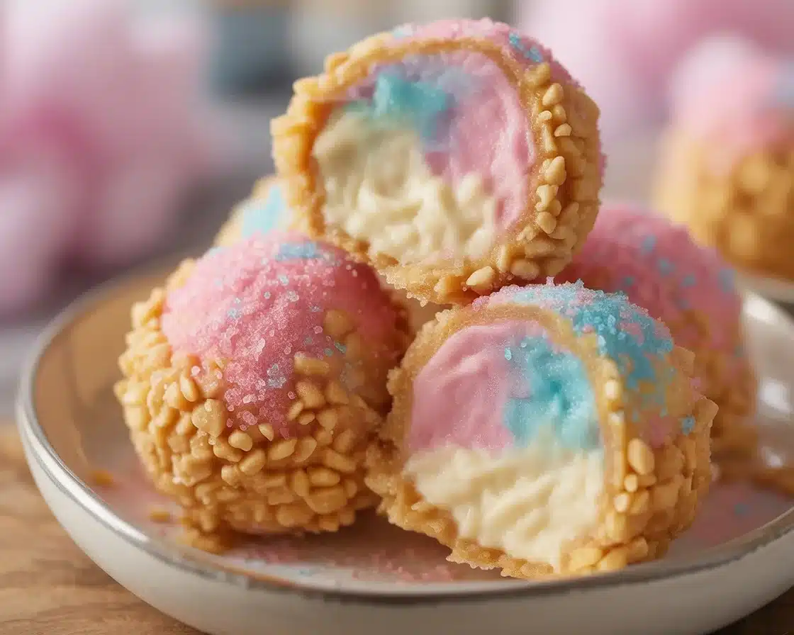 Crispy Cotton Candy Cheesecake Bombs with colorful pastel sugar coating.