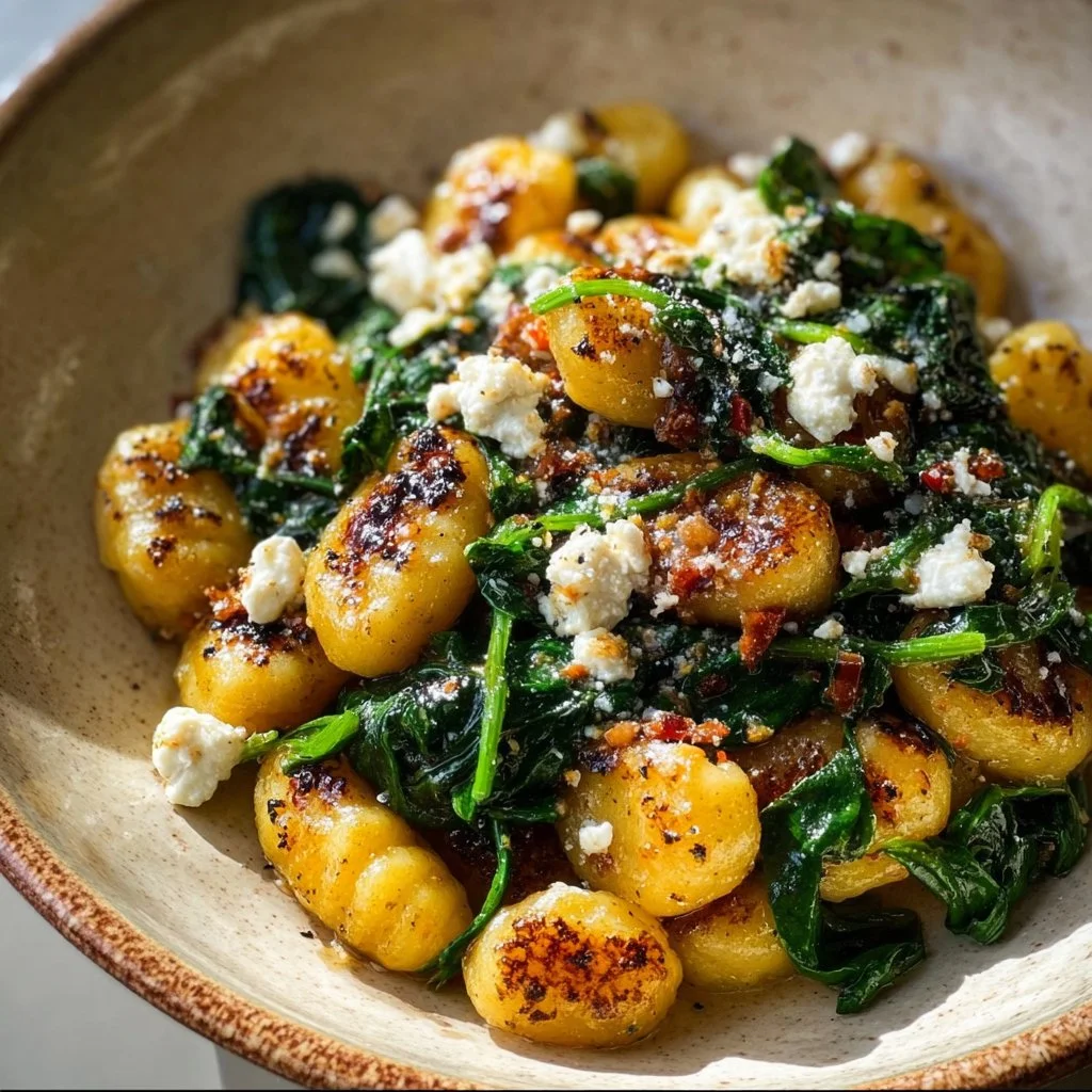 Crispy Gnocchi with Spinach and Feta served on a plate