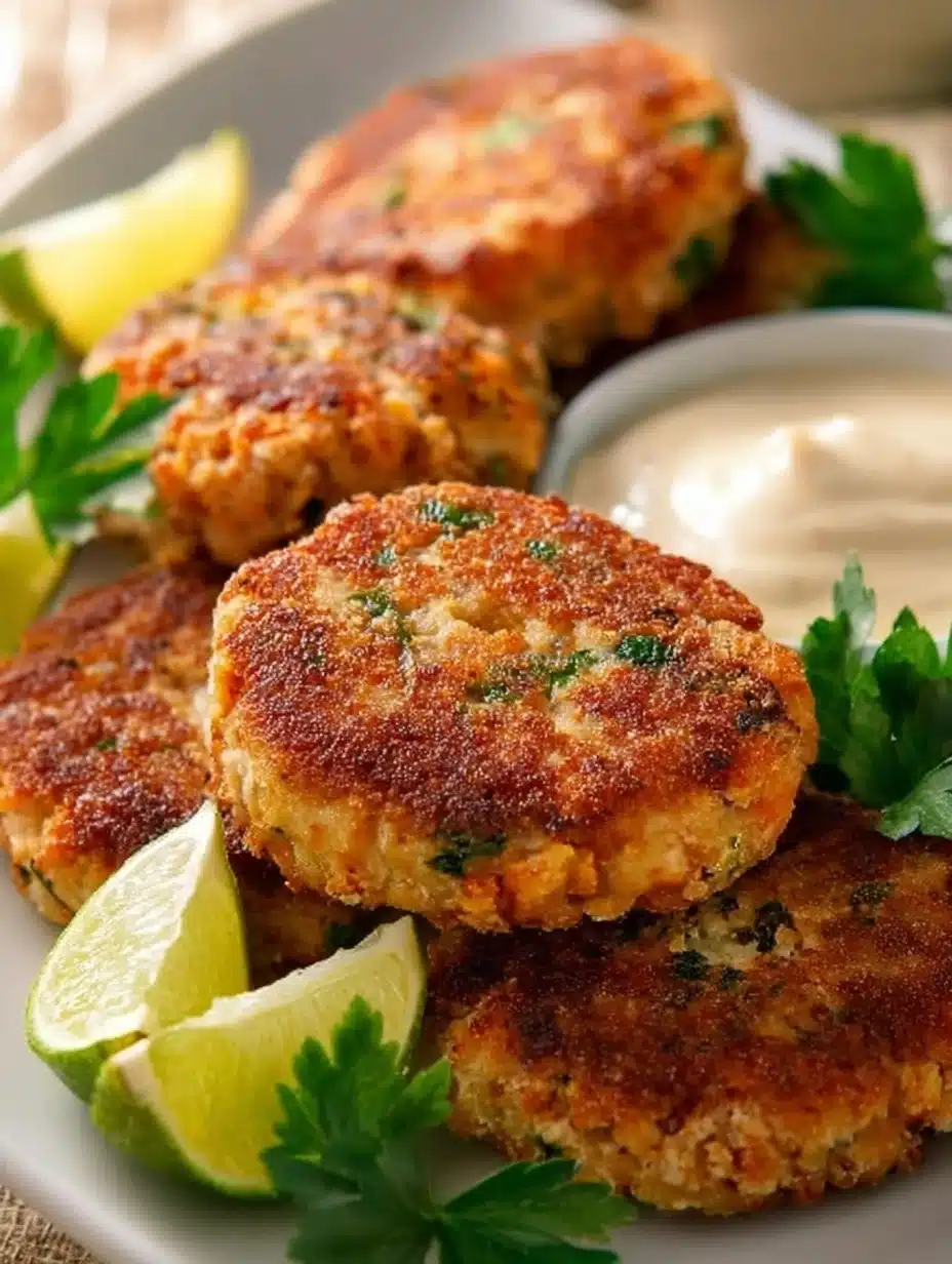 Delicious crispy salmon cakes garnished and plated for a gourmet look.