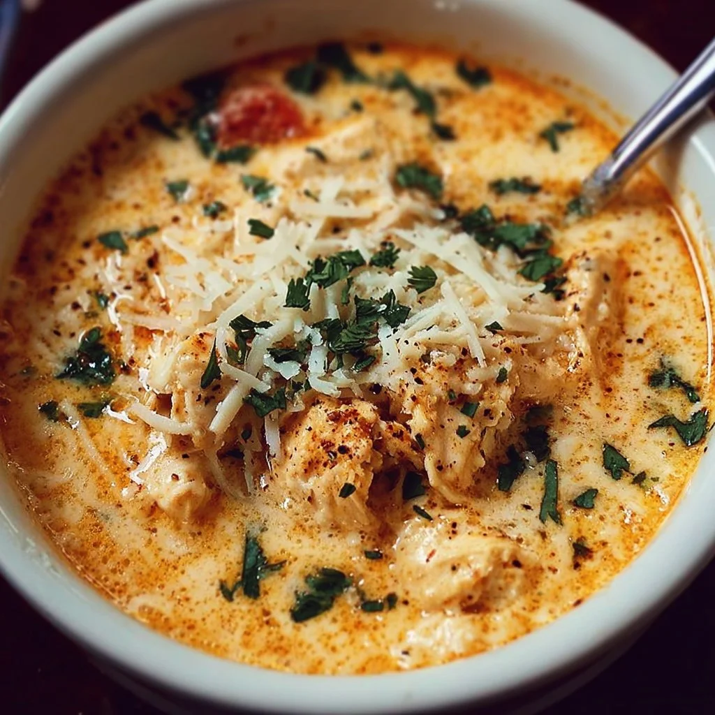 Crock Pot Creamy Chicken Parmesan Soup garnished with parsley in a bowl.