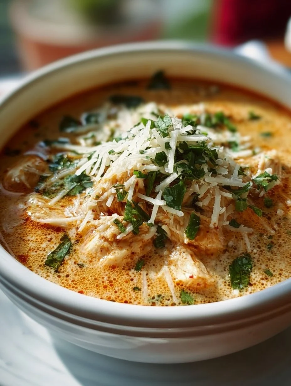 Crock Pot Creamy Chicken Parmesan Soup in a bowl with parsley garnish