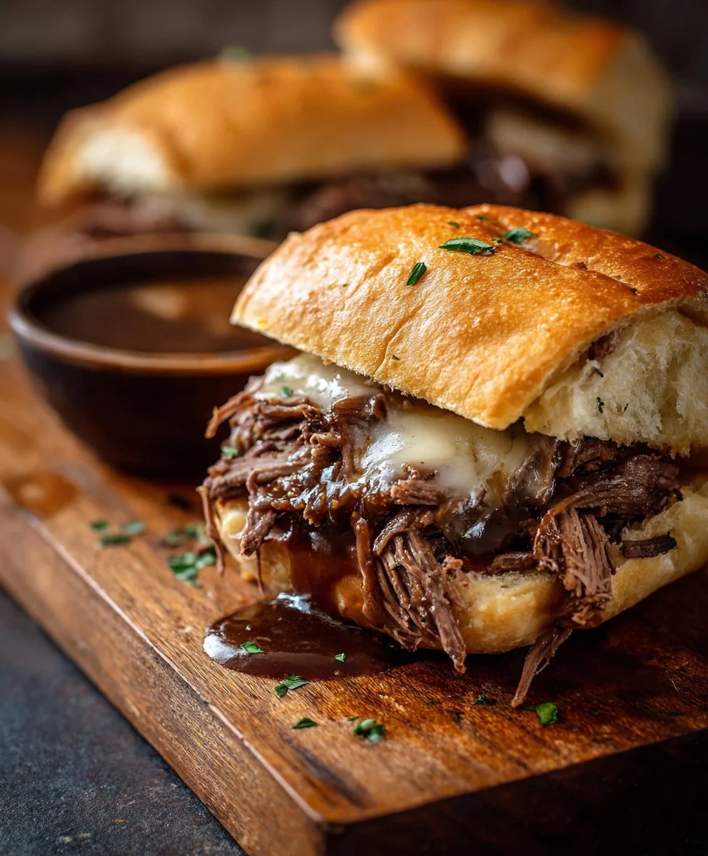 Crock Pot French Dip Sandwich served with au jus for dipping