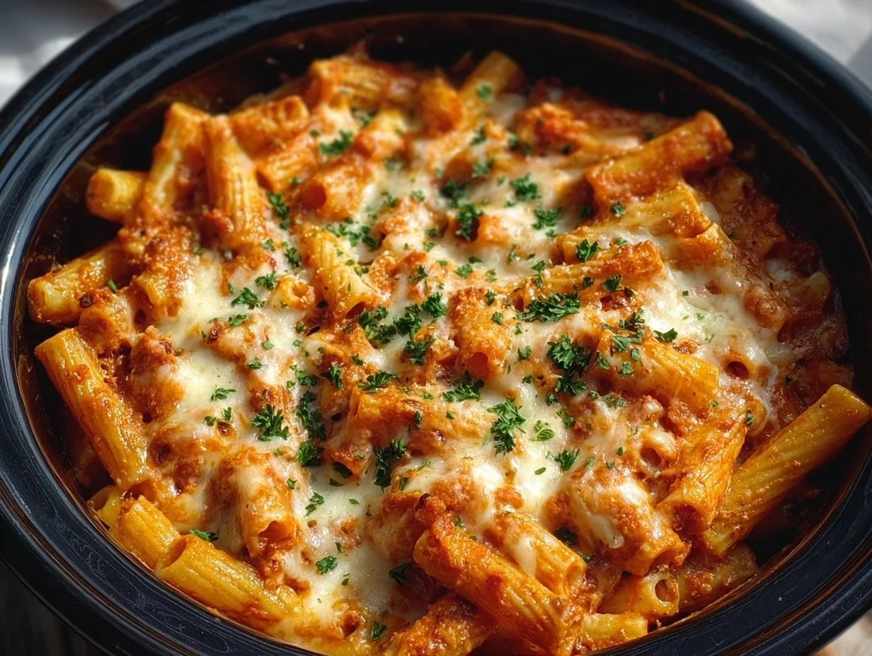 Delicious crockpot baked ziti with melted cheese and pasta.