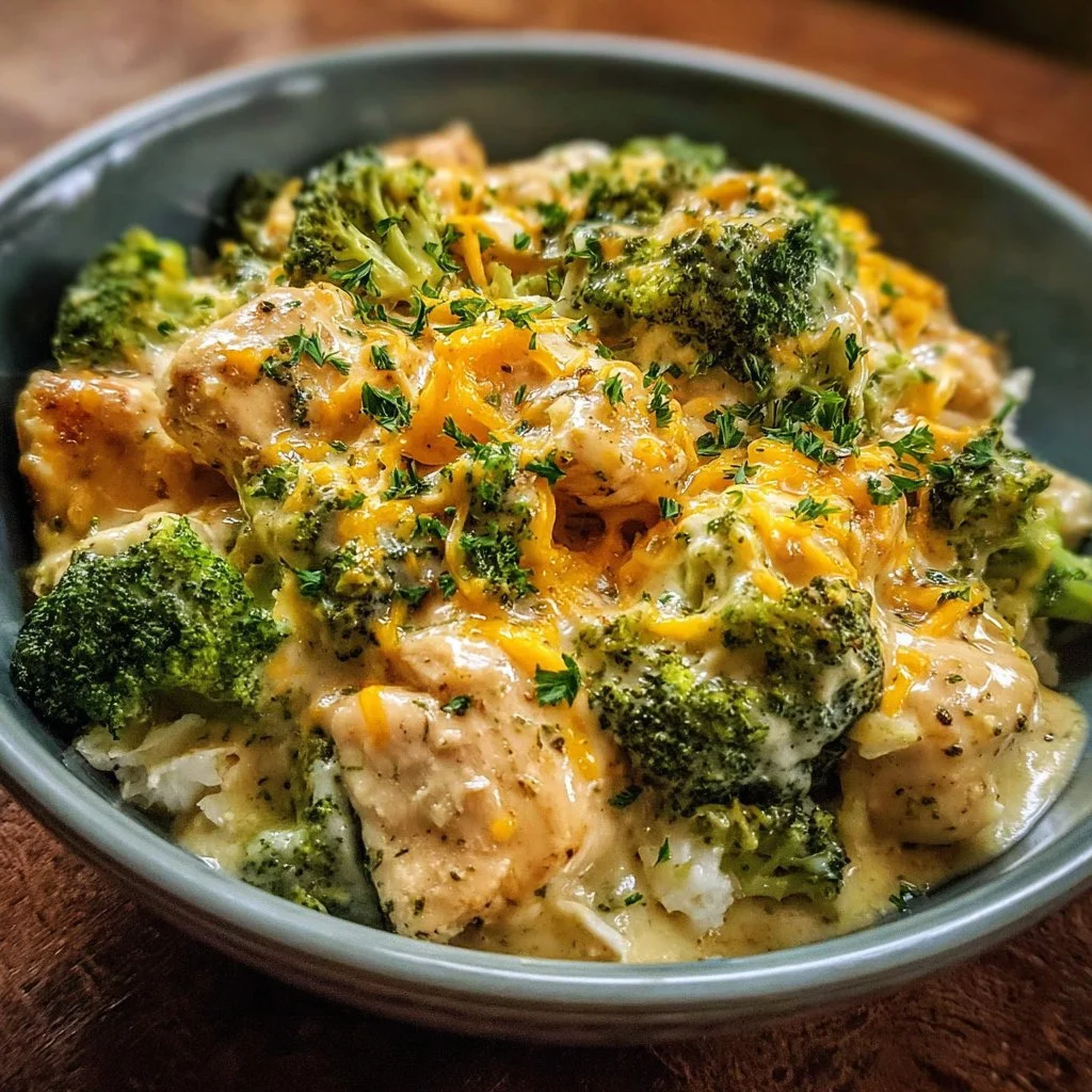 Crockpot creamy broccoli cheddar chicken in a bowl garnished with parsley