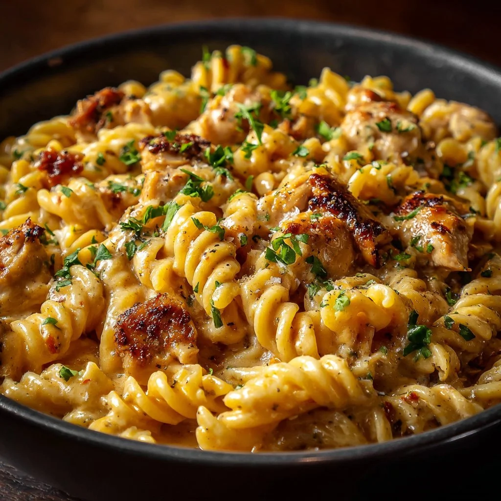 Crockpot Garlic Parmesan Chicken Pasta served in a bowl