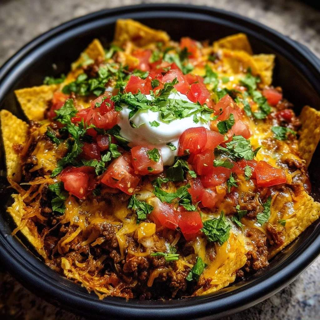 Delicious crockpot taco casserole topped with cheese and fresh ingredients