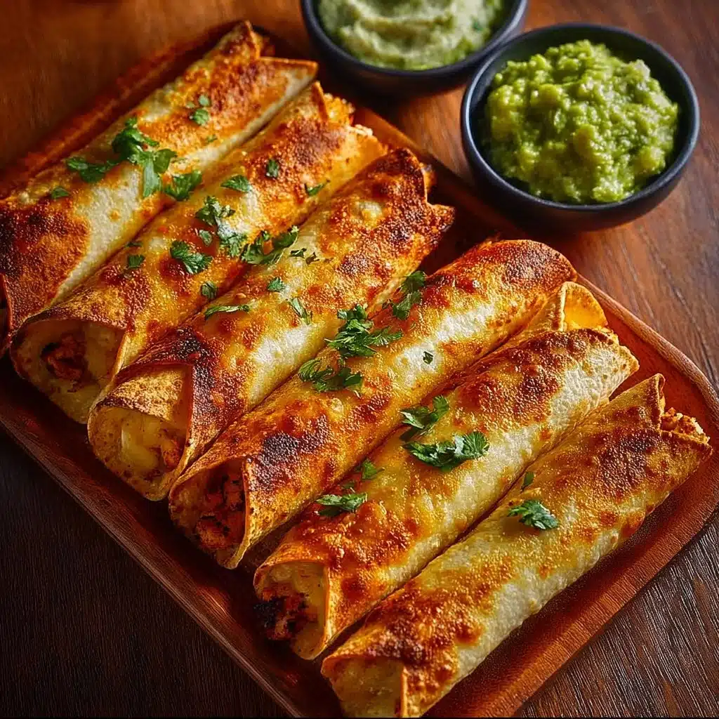 Plate of crunchy oven-baked chicken taquitos garnished with fresh herbs