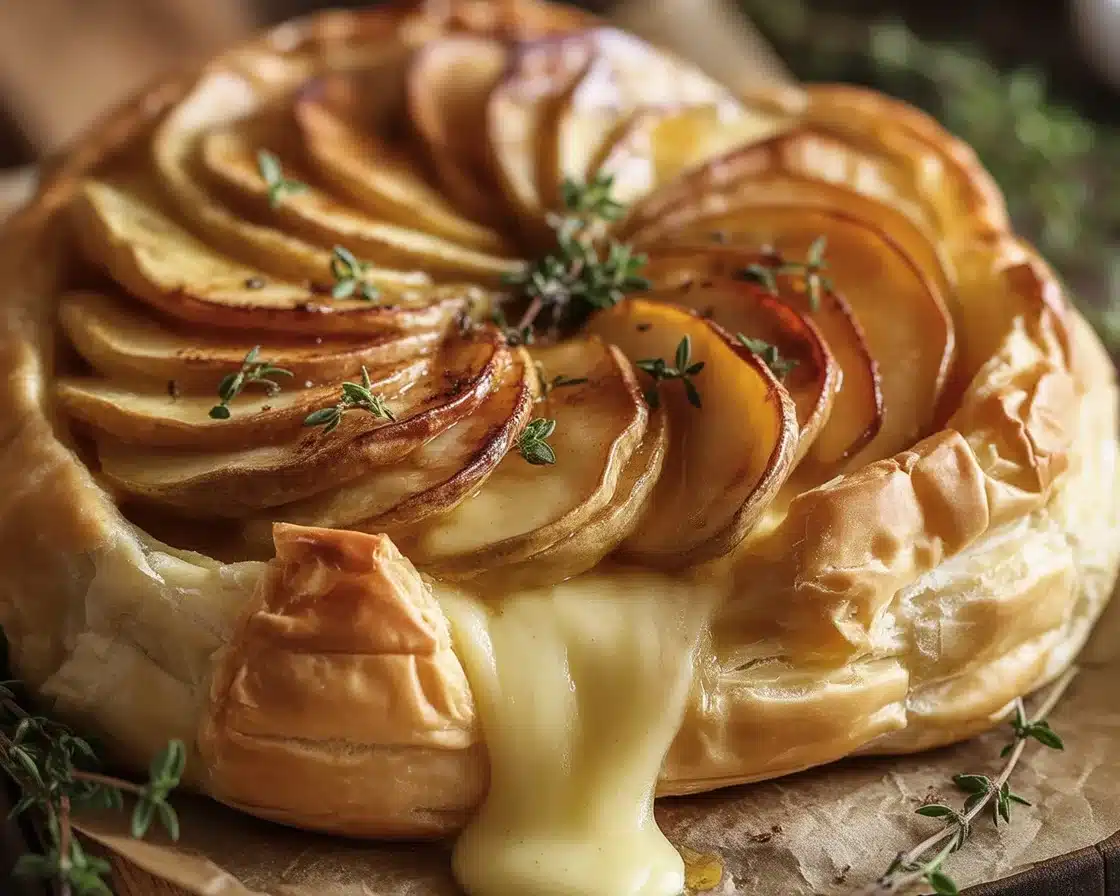 Golden Baked Brie topped with caramelized apples and thyme on a wooden serving board.