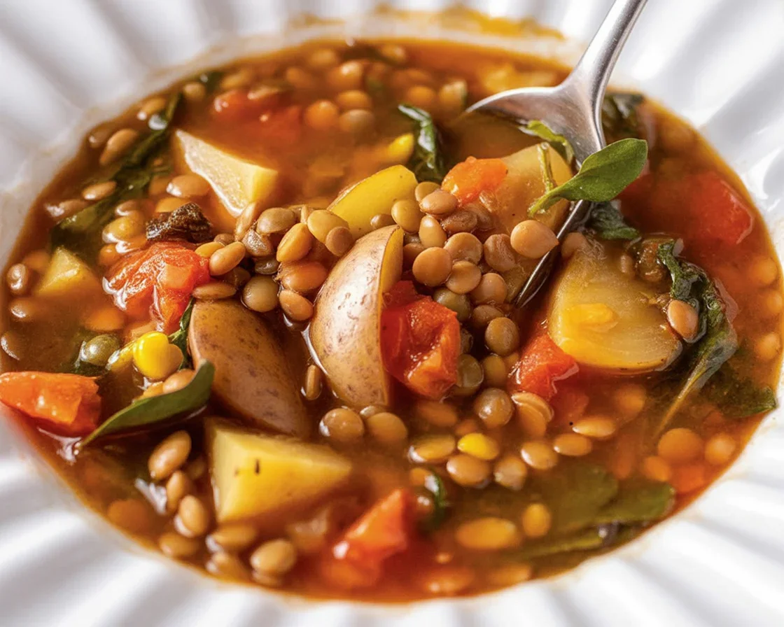 Bowl of hearty Mediterranean Lentil Soup with vegetables and herbs