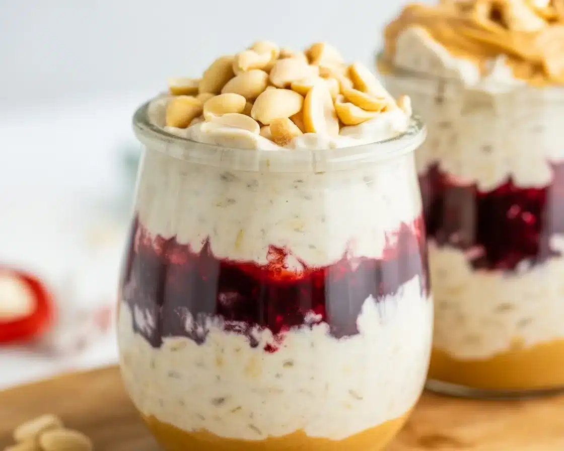 Delicious Peanut Butter and Jelly Overnight Oats with creamy layers and chia jam.
