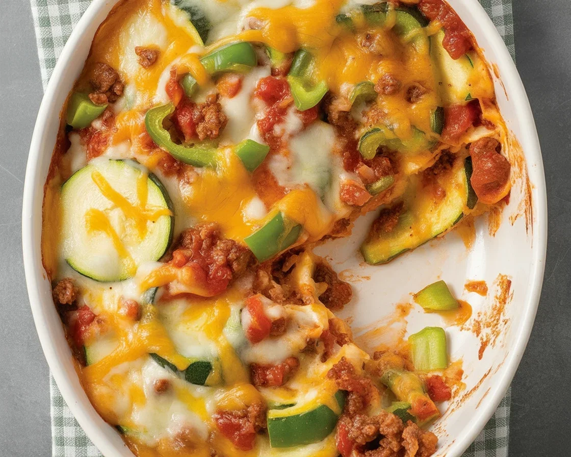 Delicious Zucchini Pizza Casserole with meat sauce and melted cheese