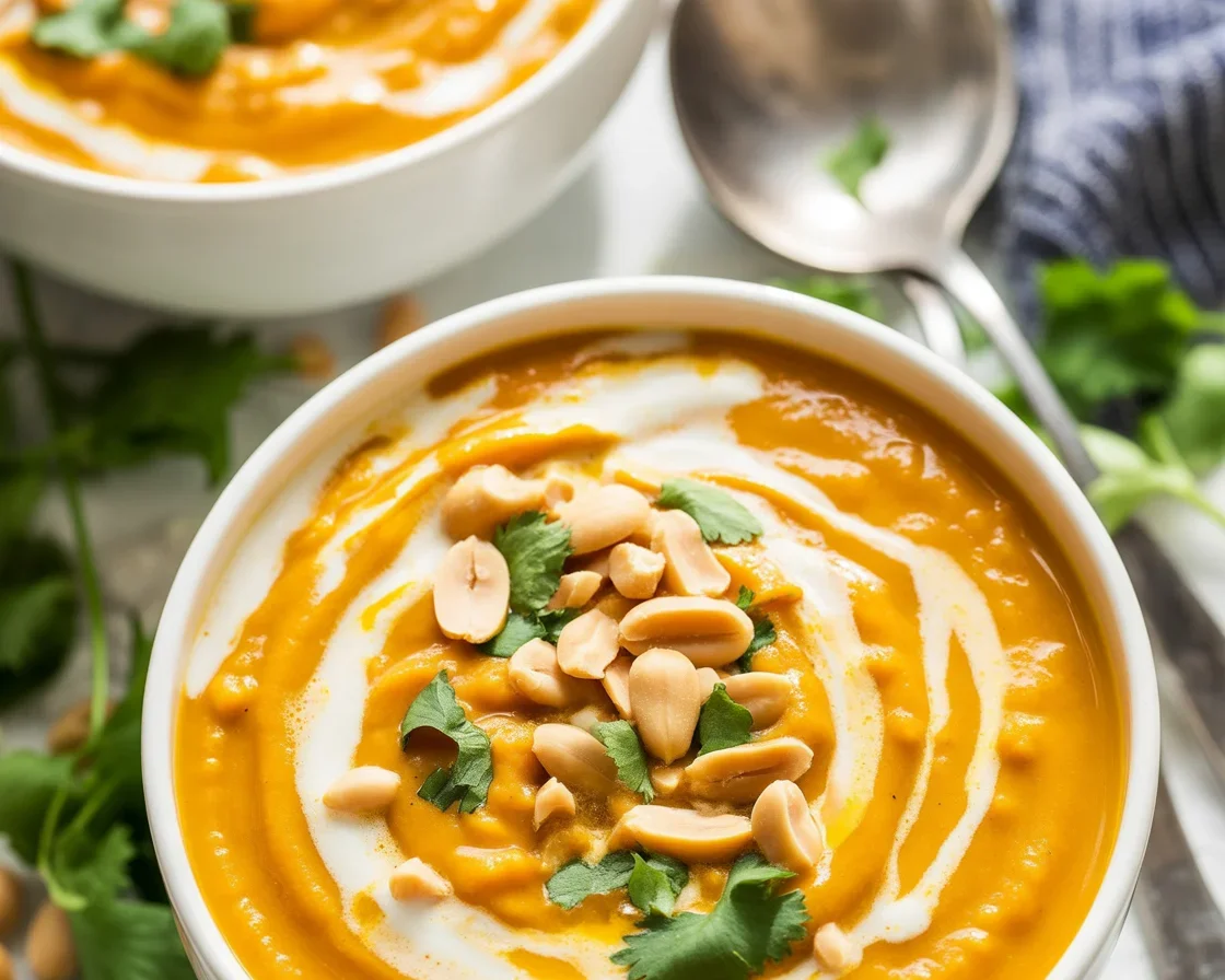 Bowl of creamy curry pumpkin soup with coconut milk and spices, perfect for fall