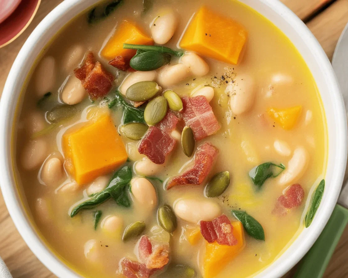 Delicious bowl of creamy chicken butternut squash soup with warm spices and textures.