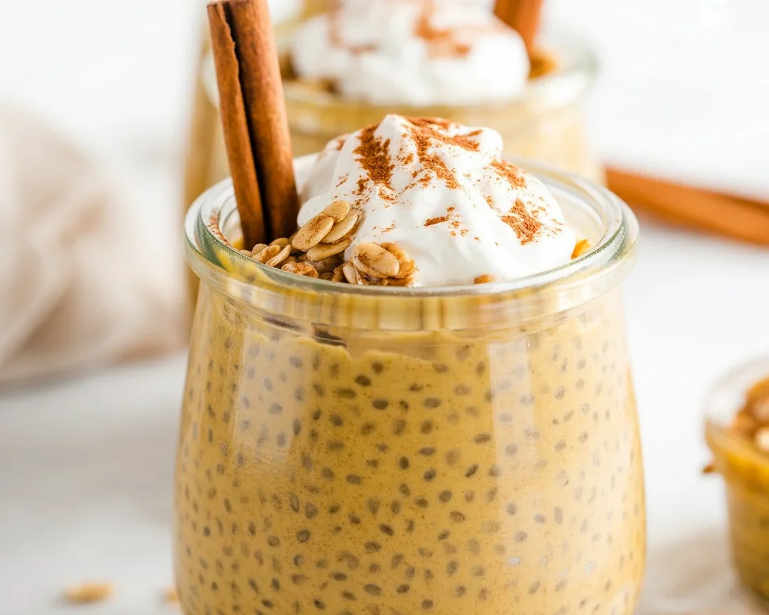 Creamy Pumpkin Chia Seed Pudding topped with pumpkin spice and served in a bowl.