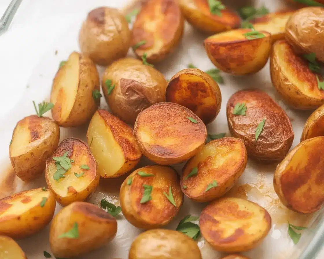 Crispy Parmesan Crusted Baby Potatoes baked to golden perfection