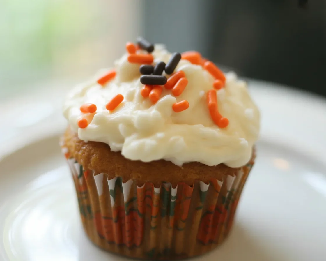 A slice of dreamy pumpkin bread topped with creamy cheese frosting on a plate.