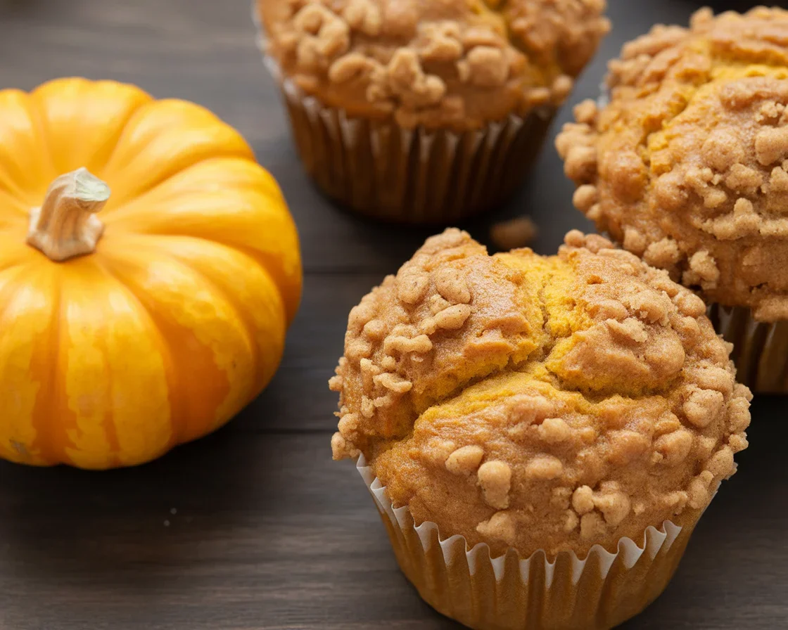 Air Fryer Mini Pumpkin Muffins with Cinnamon Sugar topping on a wooden table.