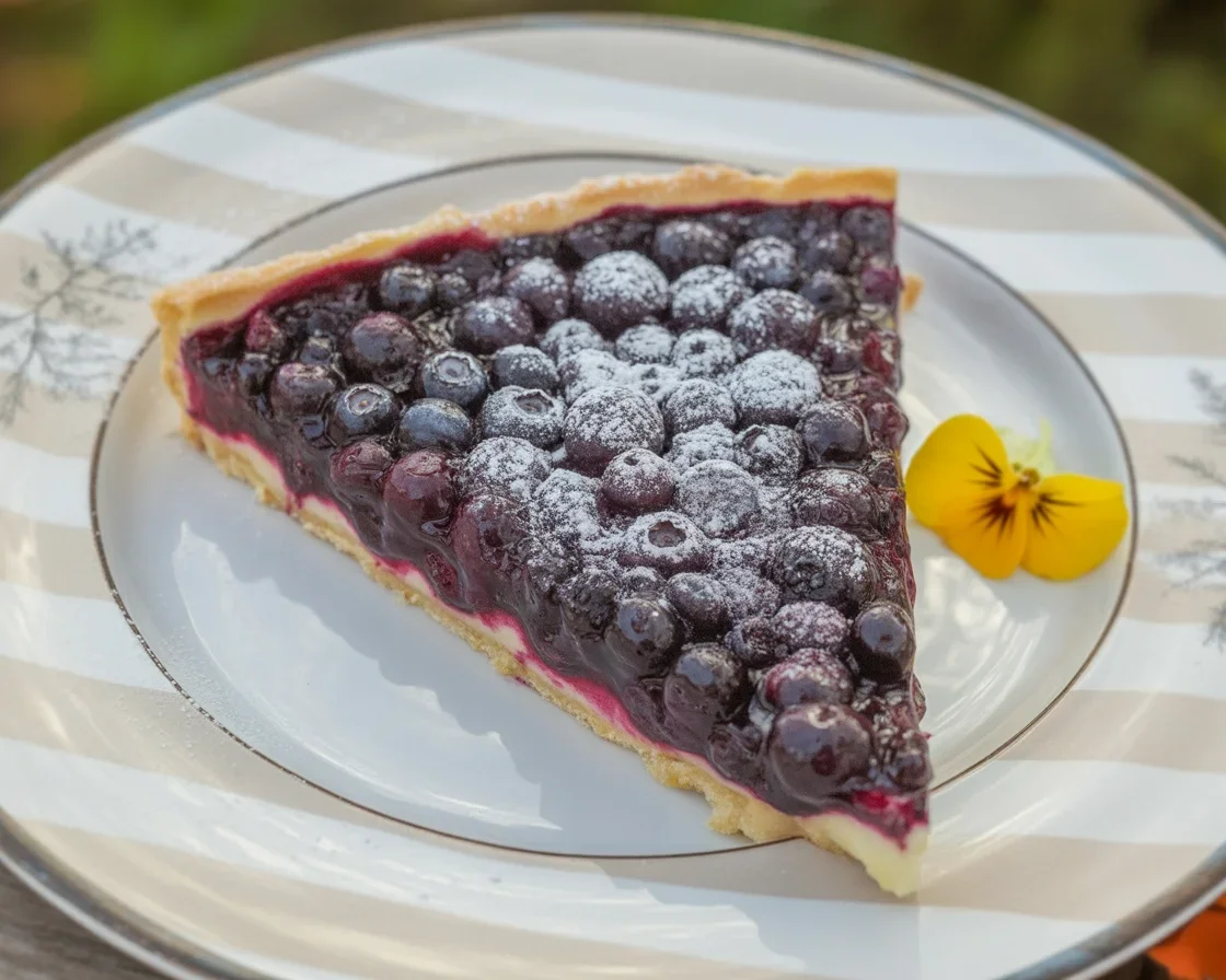 Freshly baked blueberry tart with ripe blueberries in a flaky crust
