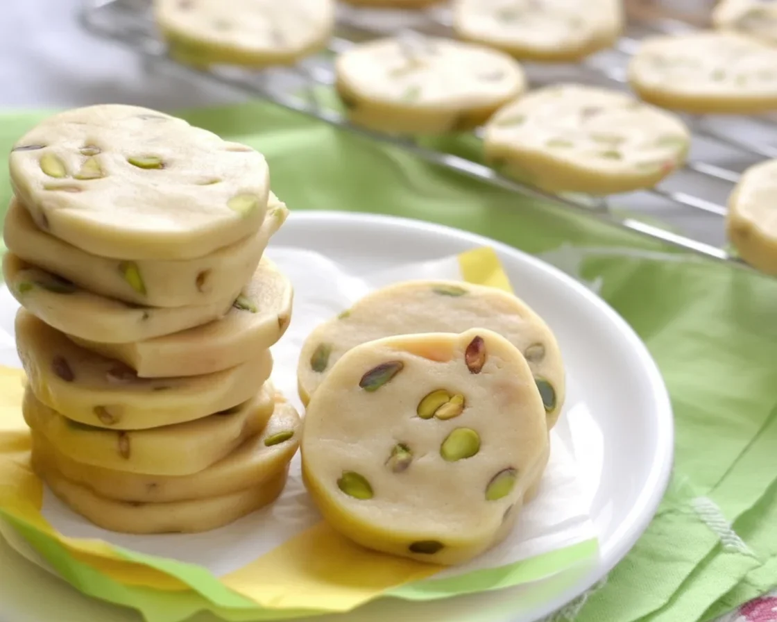 Delicious Pistachio Shortbread Cookies sprinkled with pistachios and served on a plate.