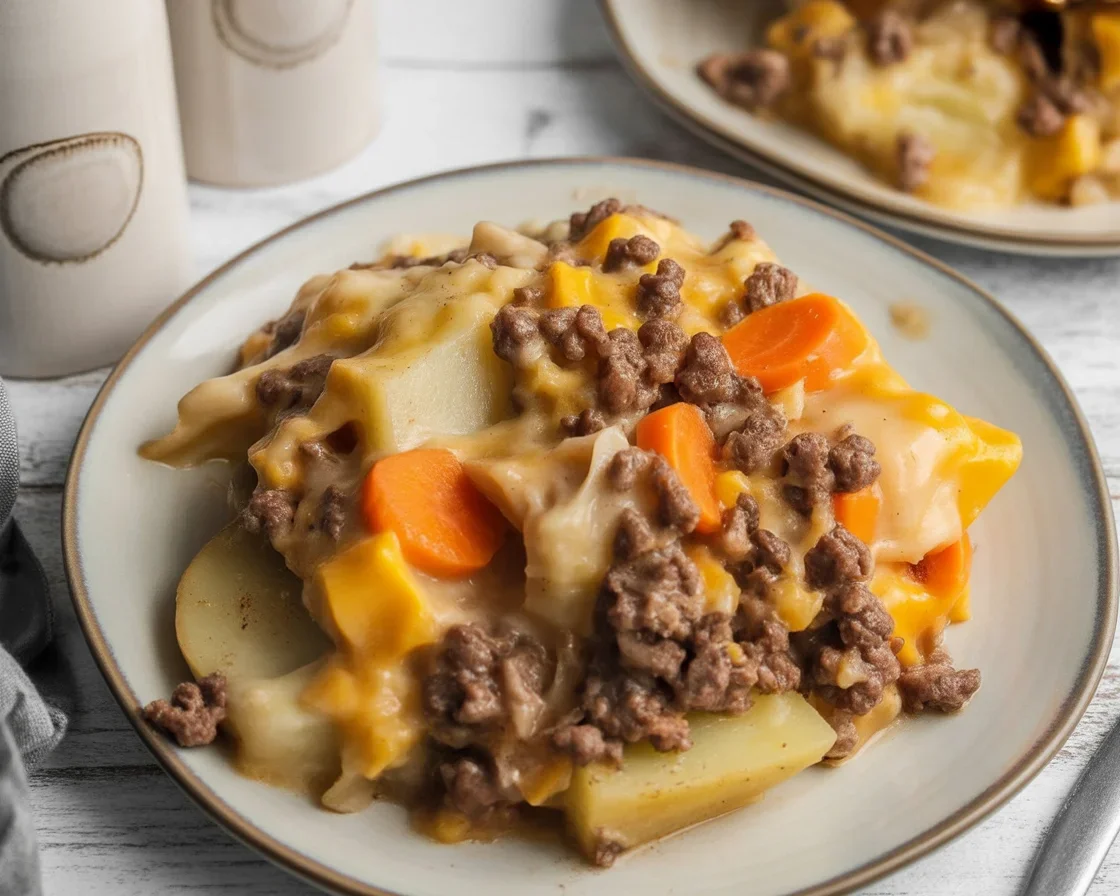 Crock Pot Hamburger Potato Casserole in a slow cooker, featuring layers of beef and potatoes.