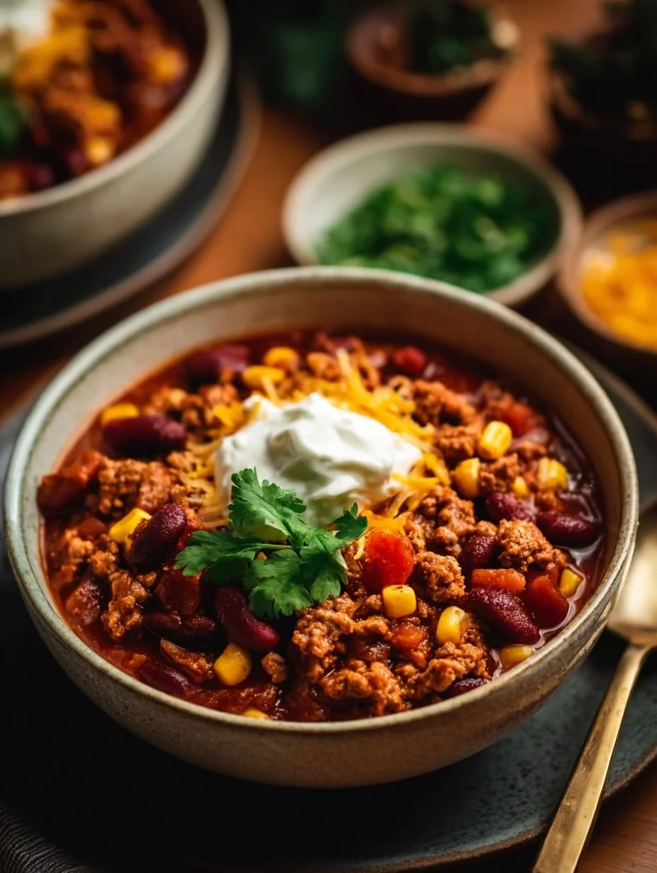 Bowl of easy and healthy ground turkey chili garnished with cilantro