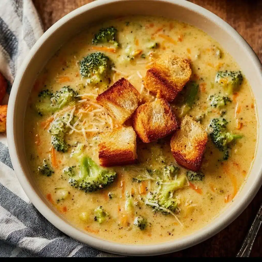Bowl of creamy broccoli cheddar soup garnished with cheddar cheese