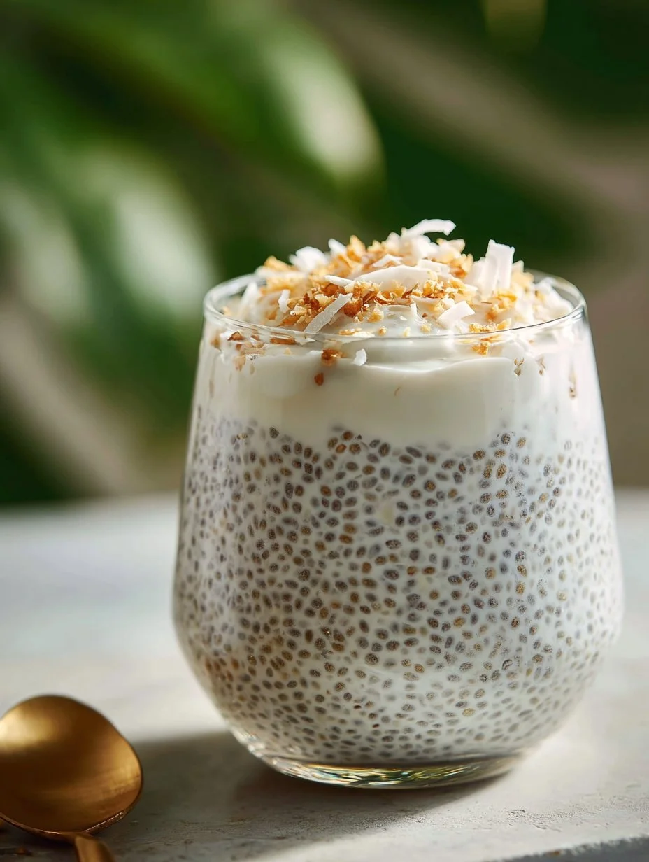 Easy coconut chia pudding topped with fresh fruits and nuts.