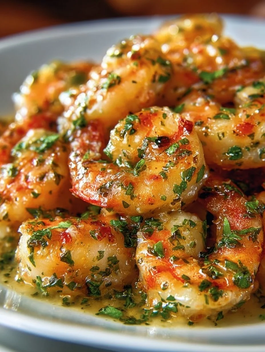 Plate of easy creamy garlic shrimp garnished with herbs