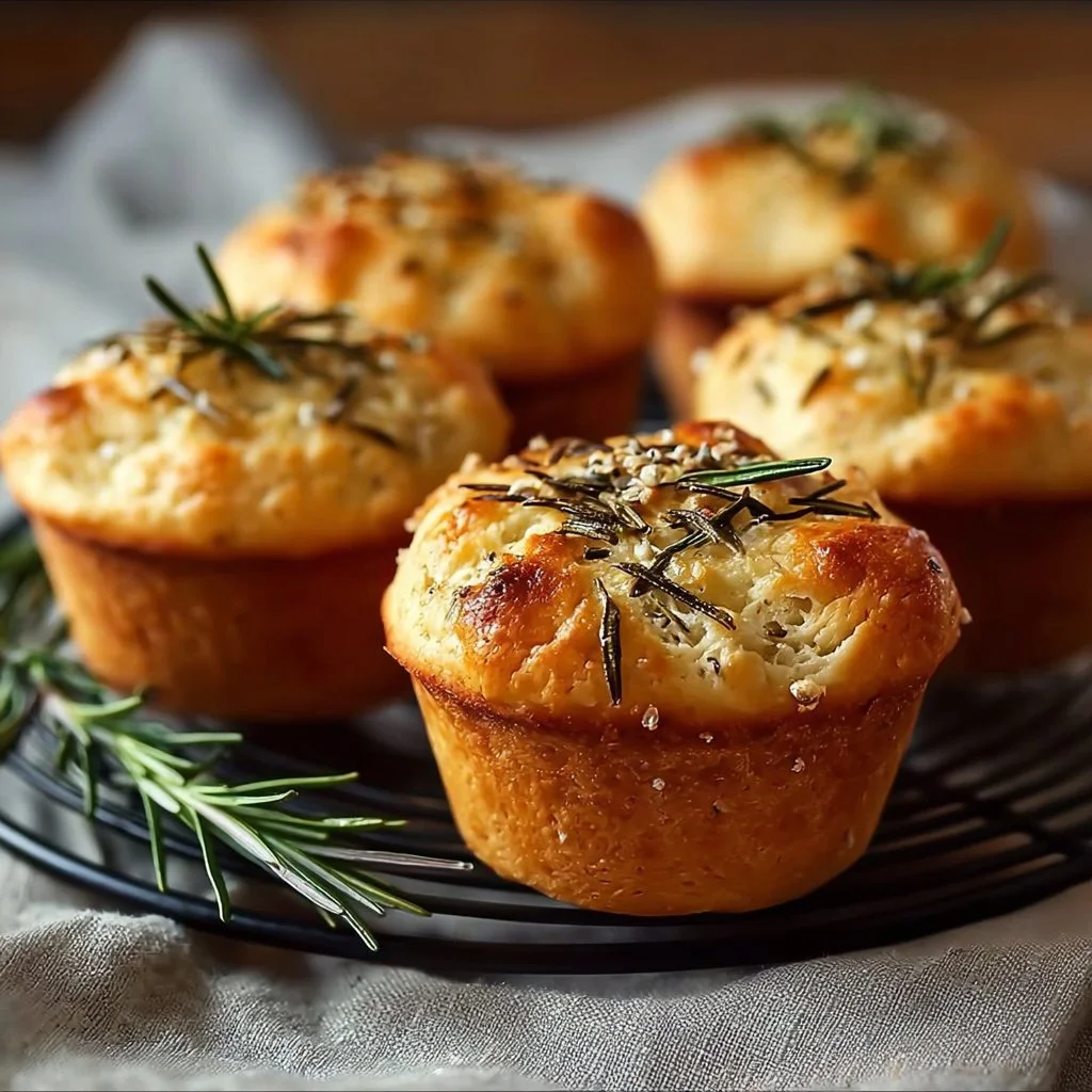 Freshly baked garlic rosemary focaccia muffins on a wooden table