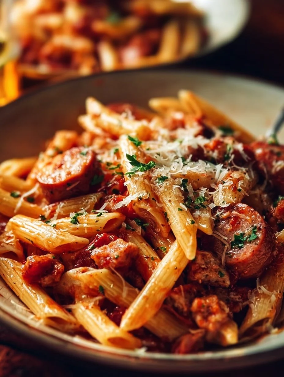 Plate of delicious easy Italian sausage pasta with herbs and sauce