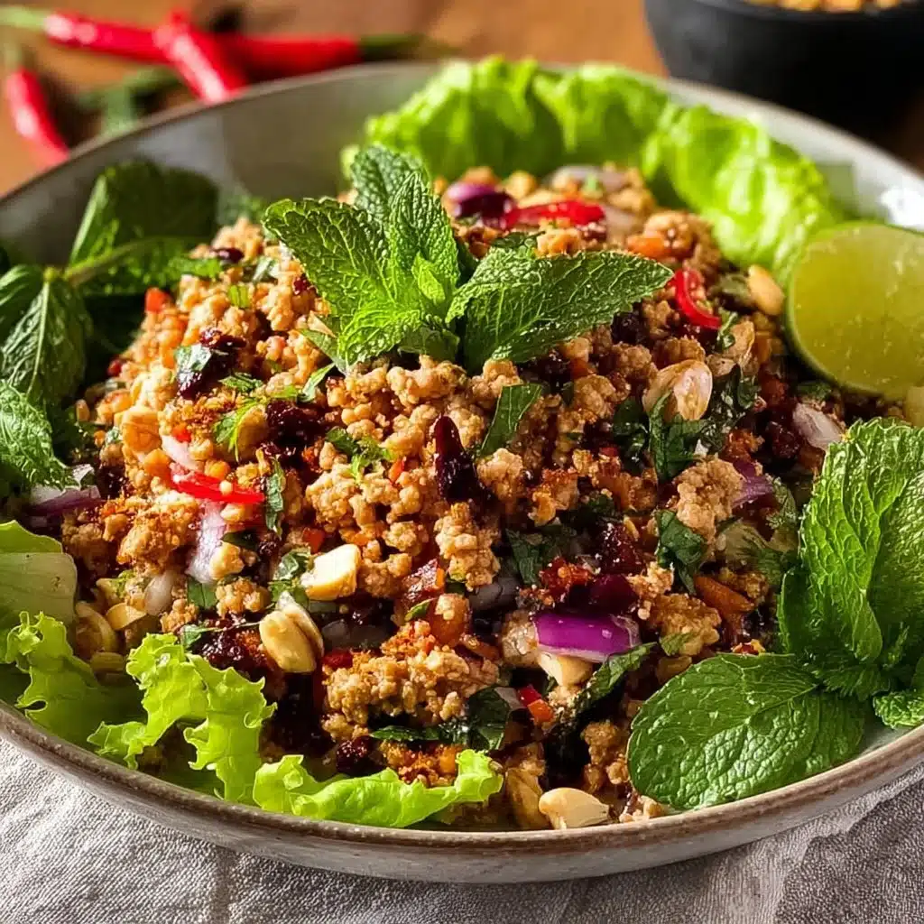 Easy Thai Larb with ground turkey and fresh mint served in a bowl.