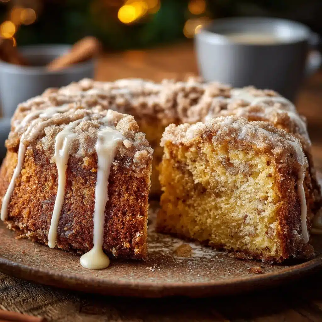Delicious slice of Eggnog Coffee Cake topped with icing and festive decorations.