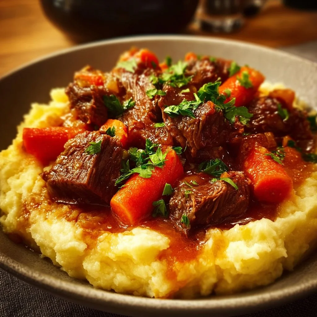 Delicious Fall Apple Cider Beef Stew in a rustic bowl garnished with herbs