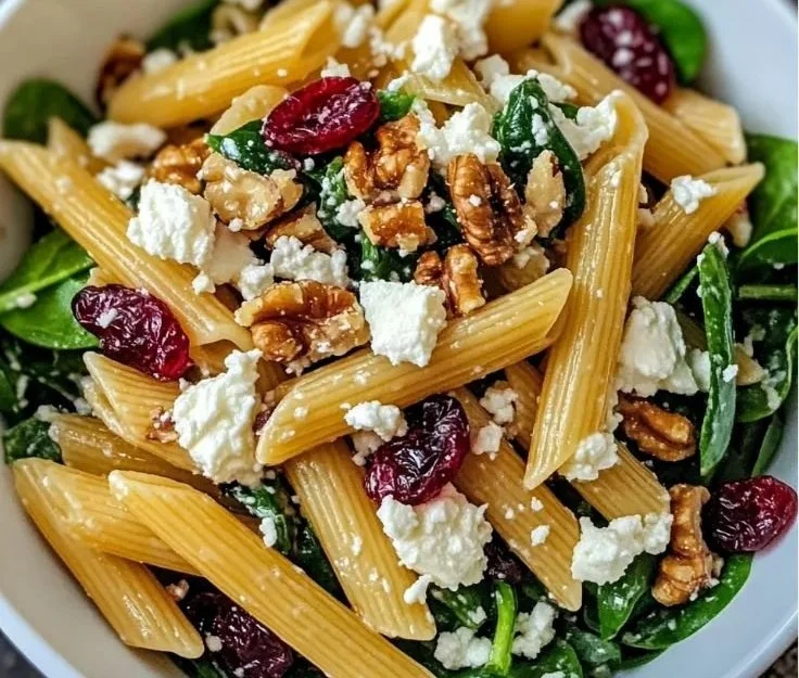 Feta and cranberry penne salad with orange vinaigrette in a bowl