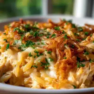 Delicious French Onion Orzo Bake topped with melted cheese