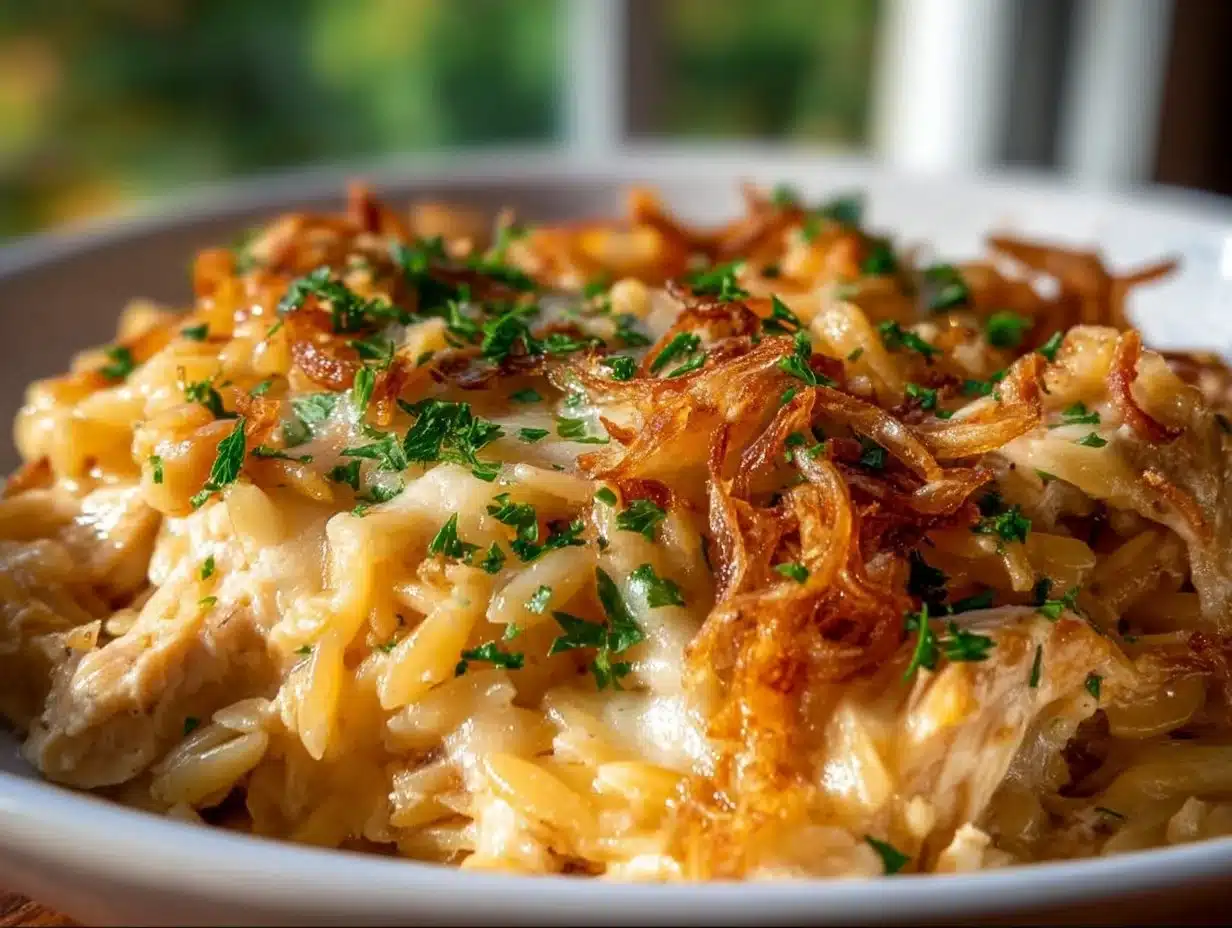 Delicious French Onion Orzo Bake topped with melted cheese
