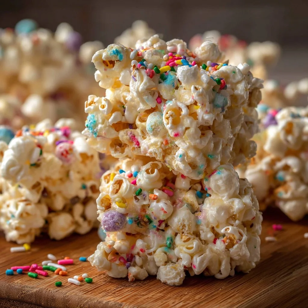 Funfetti marshmallow popcorn treats in a bowl, colorful and enticing snack.