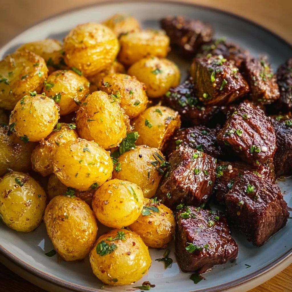 Garlic Butter Steak Bites served with crispy potatoes