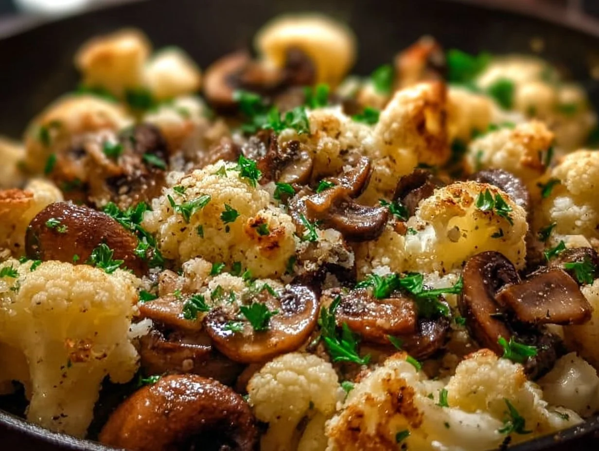 Garlic Cauliflower Mushroom Skillet with fresh vegetables in a pan
