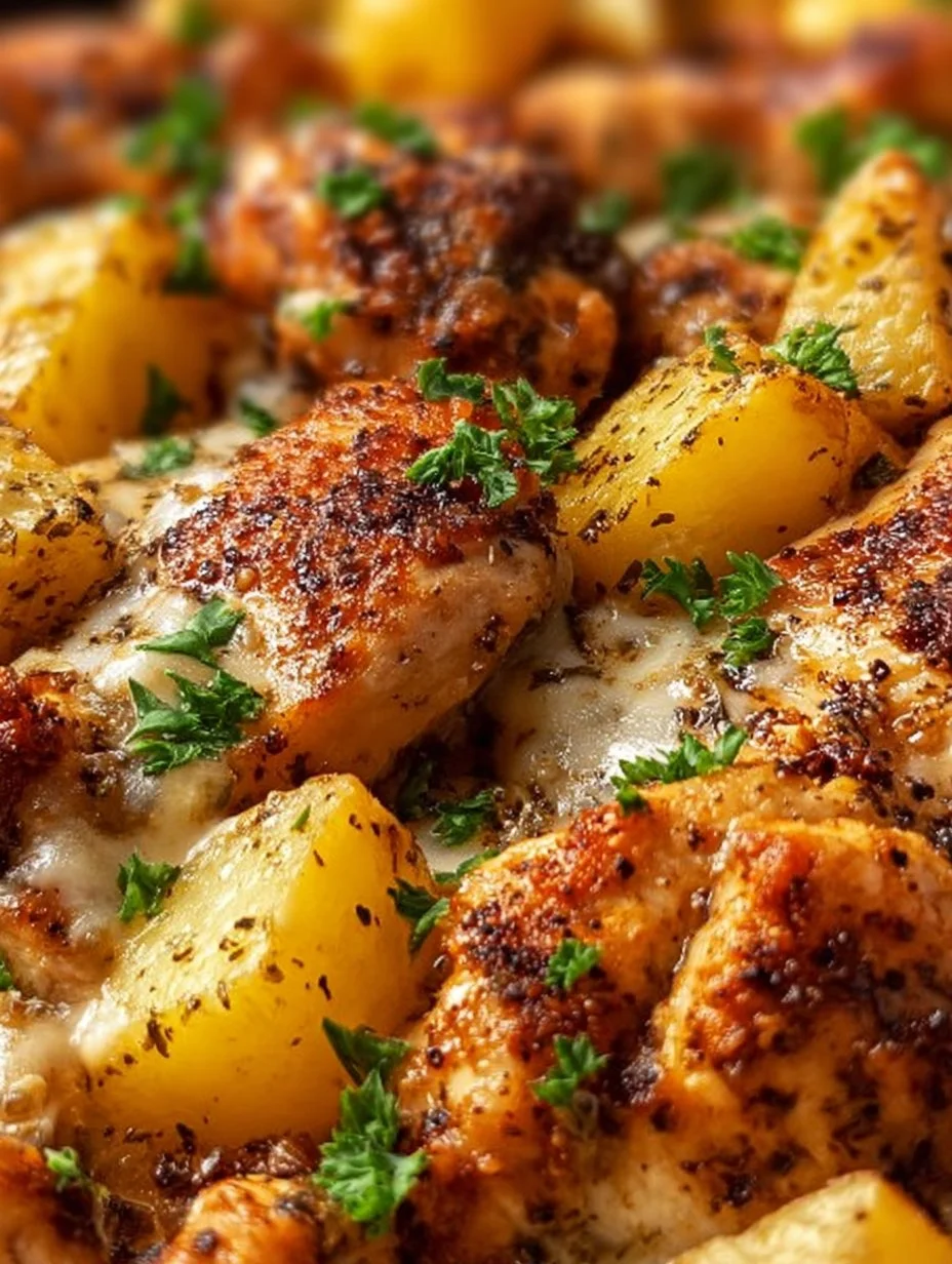 Garlic Parmesan Chicken served with roasted potatoes on a plate