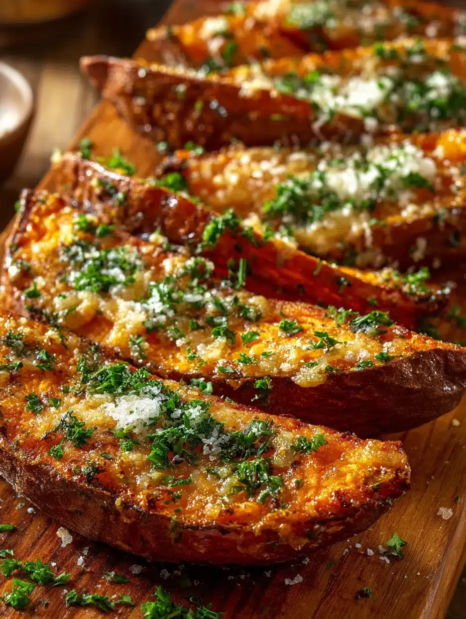 Crispy Garlic Parmesan sweet potato wedges served on a plate