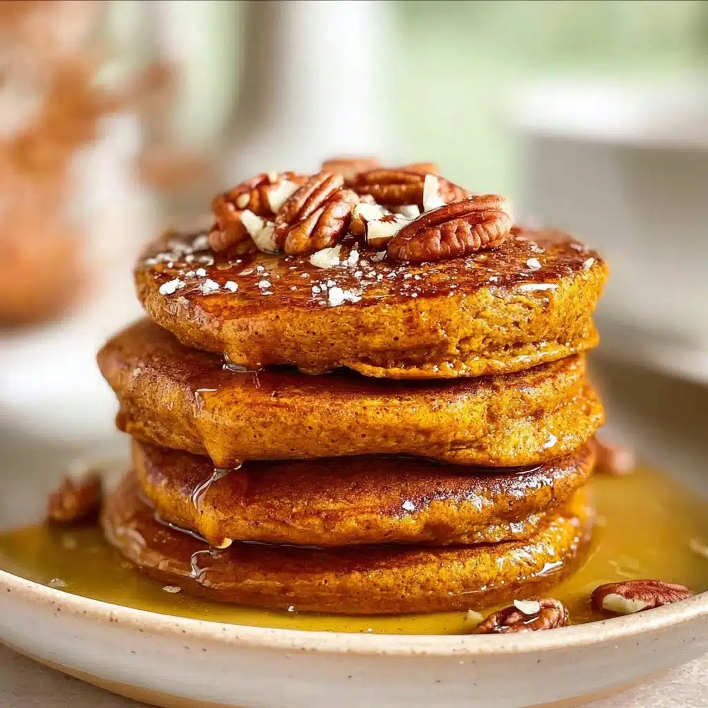Gluten-free pumpkin protein pancakes stacked with maple syrup and spices