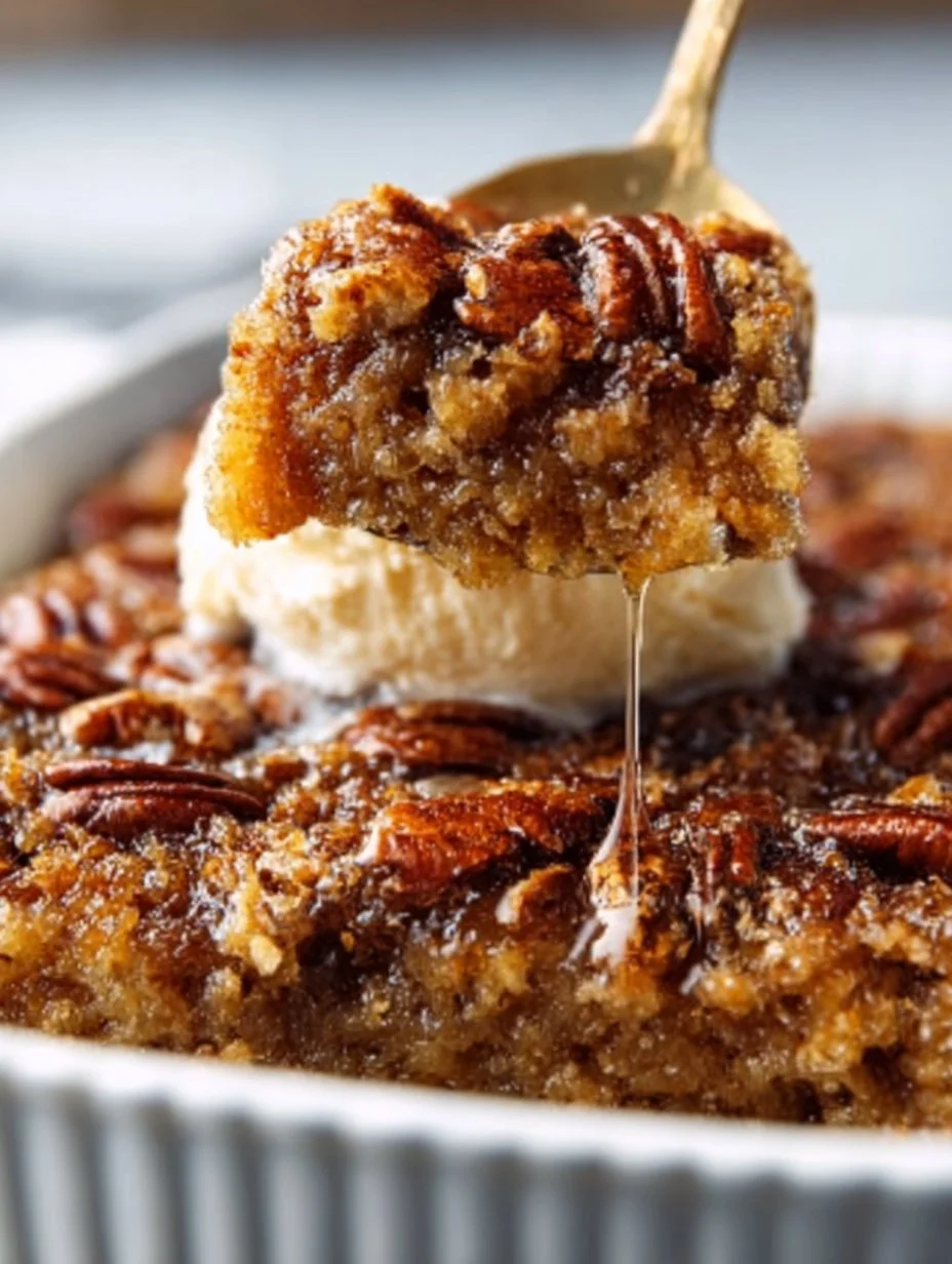 Gooey pecan pie dump cake, a delicious dessert with a crunchy topping and rich filling.