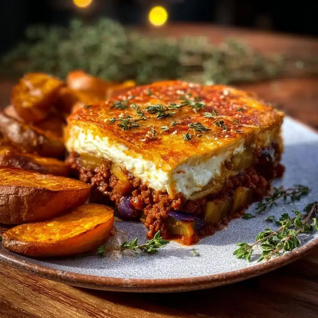 Delicious Greek Moussaka with layered sweet potatoes and ground meat