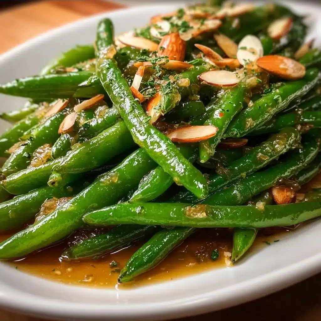 Plate of Green Bean Almondine topped with toasted almonds and lemon zest