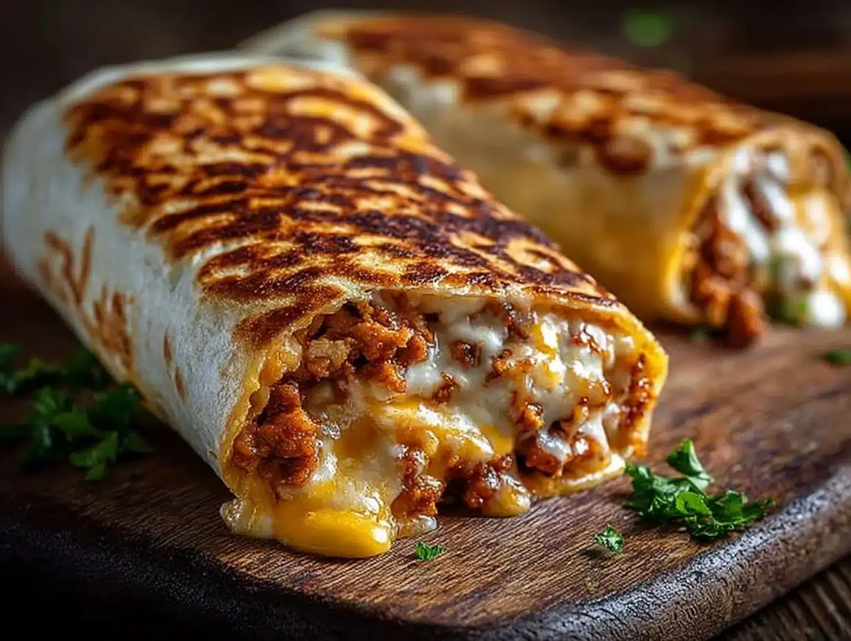 Delicious grilled cheese burrito with melted cheese and crispy tortilla