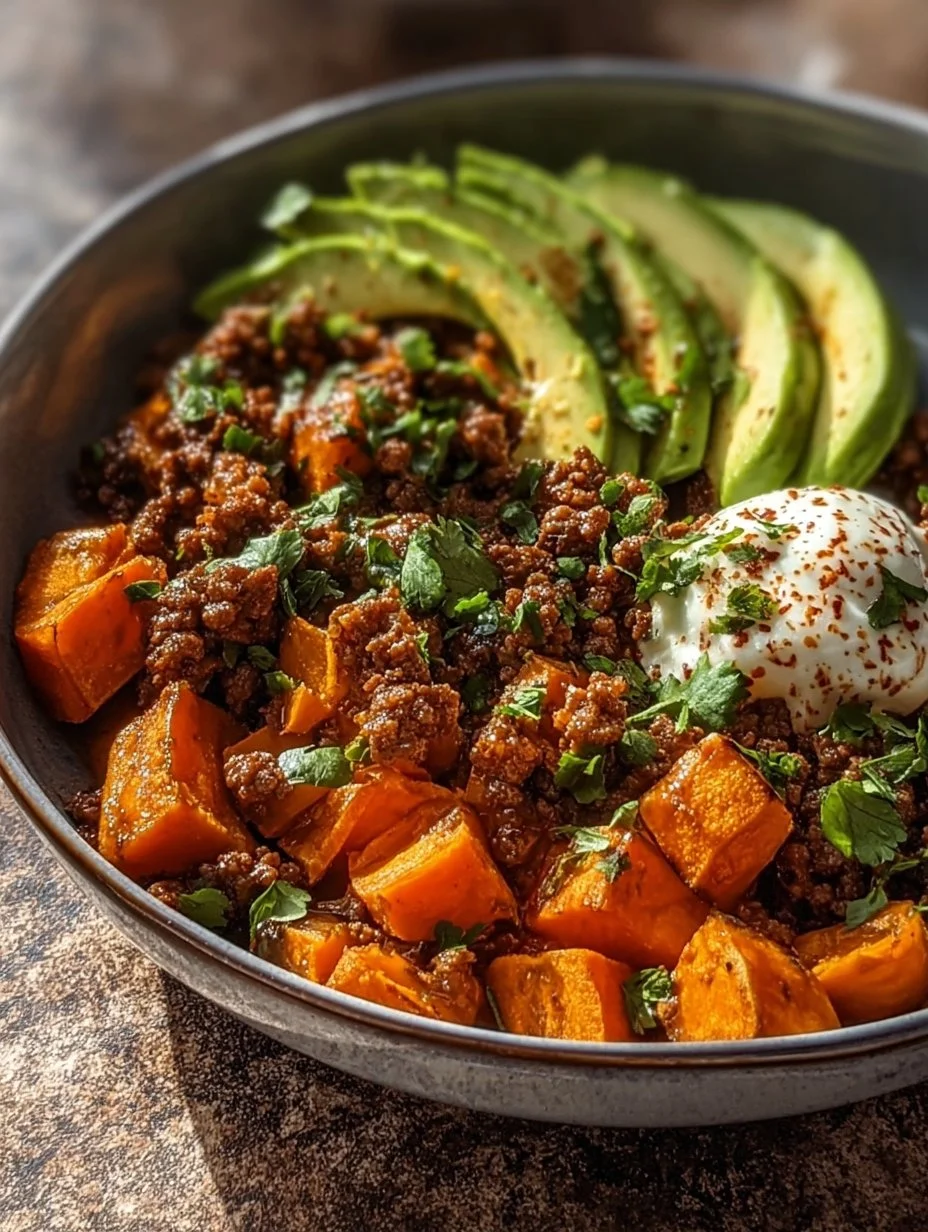 Ground Beef Hot Honey Bowl garnished with fresh herbs and served in a bowl