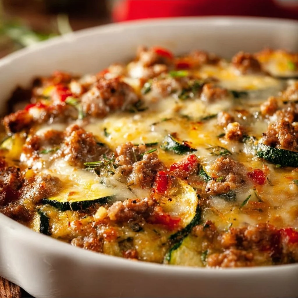 Ground turkey zucchini casserole in a baking dish topped with melted cheese