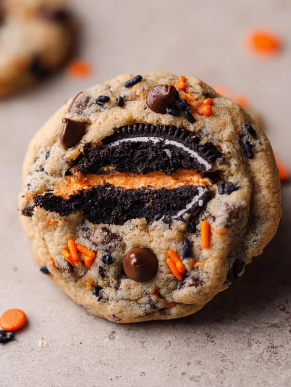 Halloween Oreo-stuffed chocolate chip cookies with festive decorations